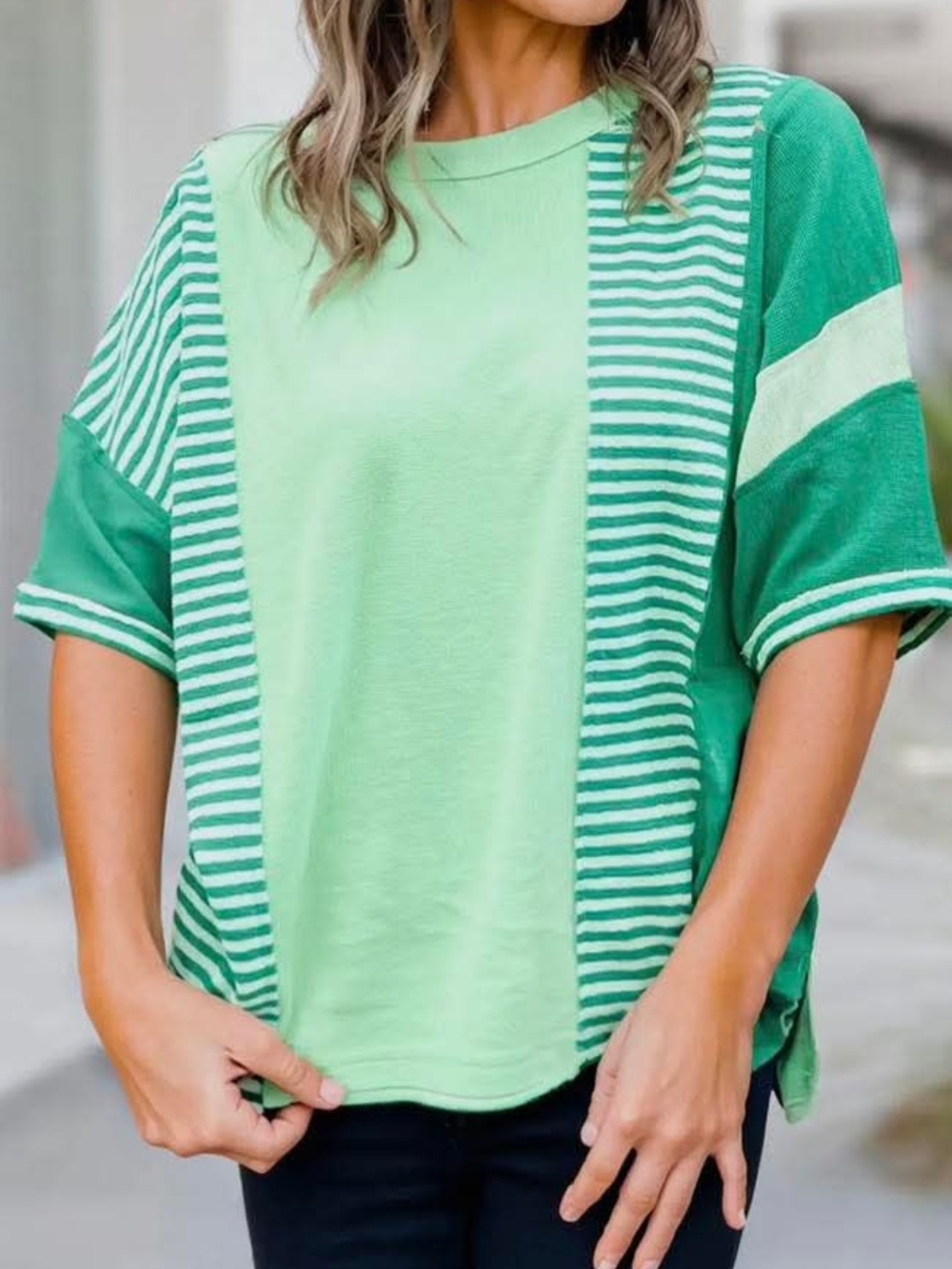 BNWT Plus Size Relaxed Green Striped Colorblock Crewneck Top
